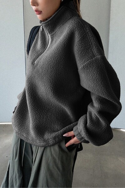 GHASSY CO. Women's Ultra Heat Plush Sherpa Oversize Half Metal Zipper Elastic Adjustable Fleece Sweatshirt