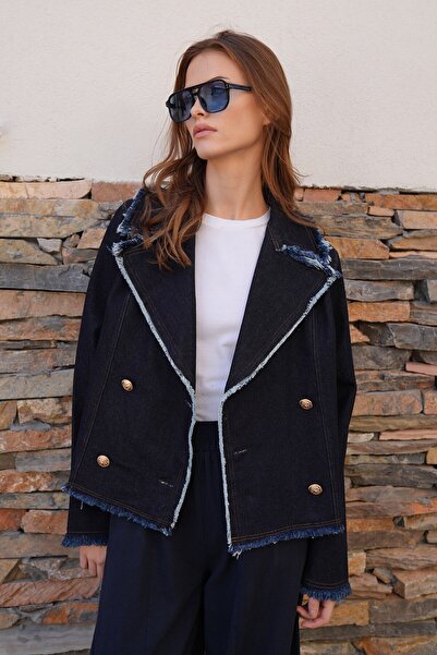 VAGGON Women's Navy Blue Tassel Detailed Button Closure Double Breasted Collar Denim Jacket Vs01207