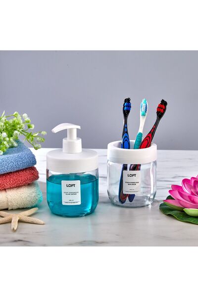 Alper Banyo White Modern Stylish Glass Bathroom Accessory Set |   Toothbrush Holder and Liquid Soap Dispenser Set