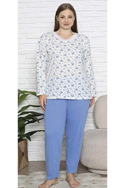 embody Set de pijama confortabil din bumbac, mărime mare, cu bluză și pantaloni, albastru, pentru femei, 16209