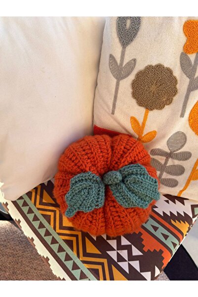 Patiska Tasarım El Yapımı Örgü Balkabağı Dekoratif Yastık 20x10 cm – Halloween Temalı, Boncuk Elyaf Dolgulu