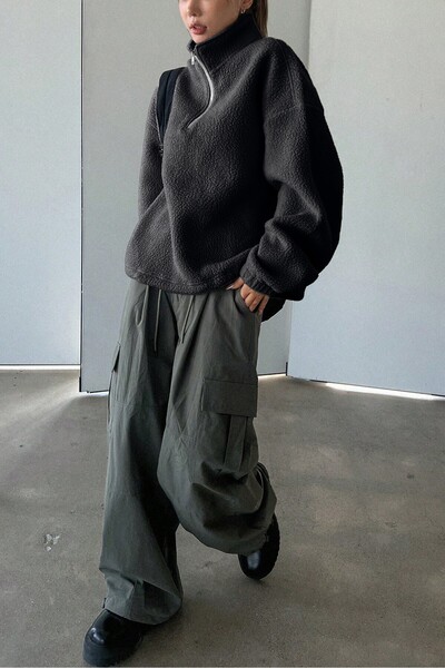 GHASSY CO. Kadın Ultra Isı Peluş Sherpa Oversize Yarım Metal Fermuar Lastik Ayarlı Polar Sweatshirt