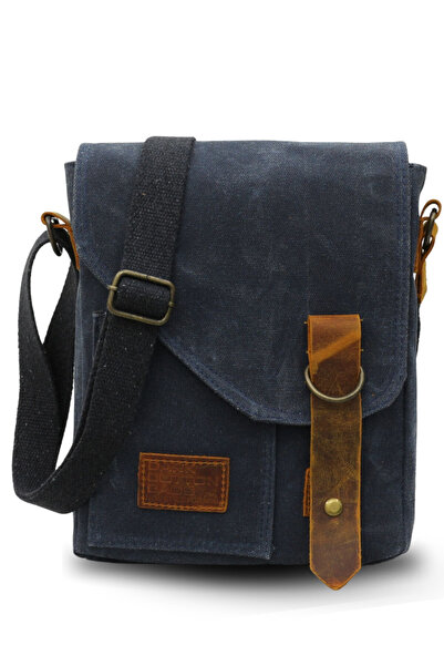 DARK COTTON 7059 Pretty Navy Blue Genuine Leather Water Resistant Waxed Canvas Messenger Shoulder School Bag