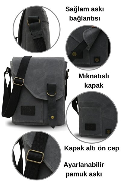 DARK COTTON 7059 Pretty Grey Genuine Leather Water Resistant Waxed Canvas Messenger Shoulder School Bag