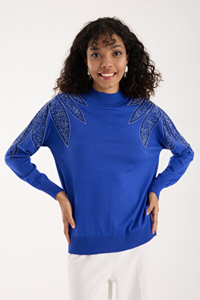 Clothes Fast Women's Saks Blue Viscose Fabric Stone Detailed Shoulder Half Turtleneck Knitwear Blouse