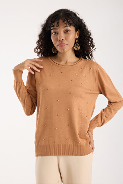 Clothes Fast Women's Beige Elite Viscose Fabric Stone and Pearl Detailed Notc...