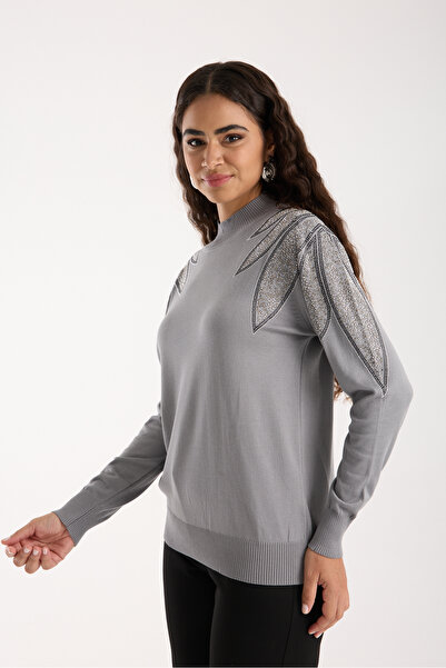 Moda Days Women's Gray Viscose Fabric Stone Detailed Shoulders Half Turtleneck Knitwear Blouse