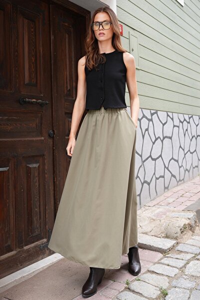 VAGGON Women's Khaki Elastic Waist Belt Detailed Double Pocket Midi Skirt Vs01210