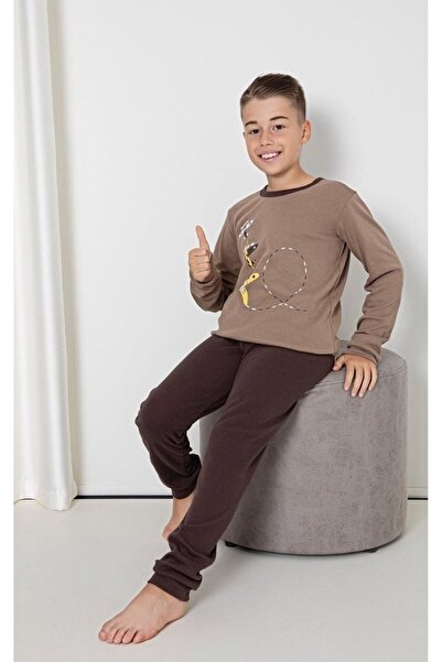 embody Boys' pyjamas, cotton, long sleeves and trousers, motorcycle print, brown 091