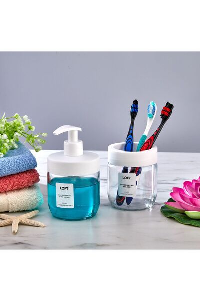 Alper Banyo White Modern Stylish Glass Bathroom Accessory Set |   Toothbrush Holder and Liquid Soap Dispenser Set