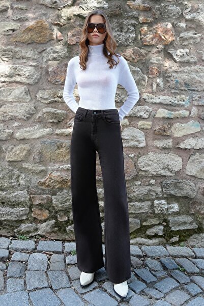 VAGGON Women's Bitter Brown 5-Pocket High Waist Palazzo Jeans Vs01204