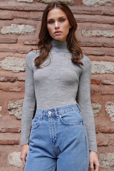 VAGGON Pulover tricotat cu mânecă lungă, gri, cu gât roșu, pentru femei Vs01202