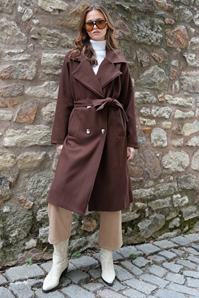 VAGGON Women's Brown Double Pocket Lined Double-Breasted Collar Long Cashmere Coat Vs01215
