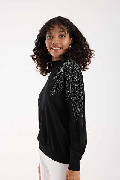 Clothes Fast Women's Black Viscose Fabric Stone Detailed Shoulders Half Turtleneck Knitwear Blouse