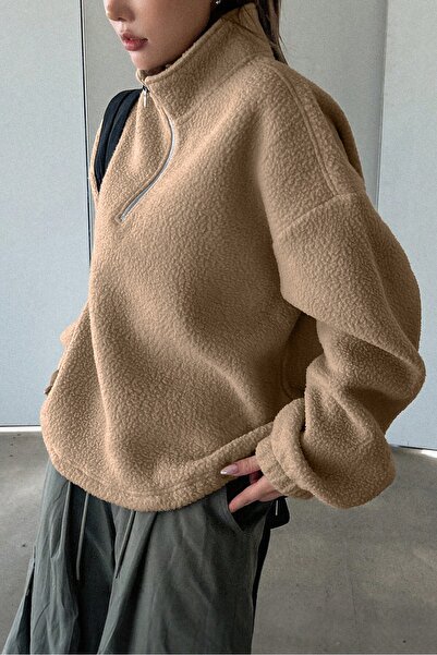 GHASSY CO. Women's Ultra Heat Plush Sherpa Oversize Half Metal Zipper Elastic Adjustable Fleece Sweatshirt