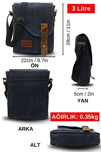 DARK COTTON 7059 Pretty Navy Blue Genuine Leather Water Resistant Waxed Canvas Messenger Shoulder School Bag