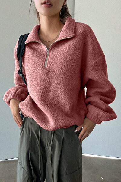 GHASSY CO. Kadın Ultra Isı Peluş Sherpa Oversize Yarım Metal Fermuar Lastik Ayarlı Polar Sweatshirt