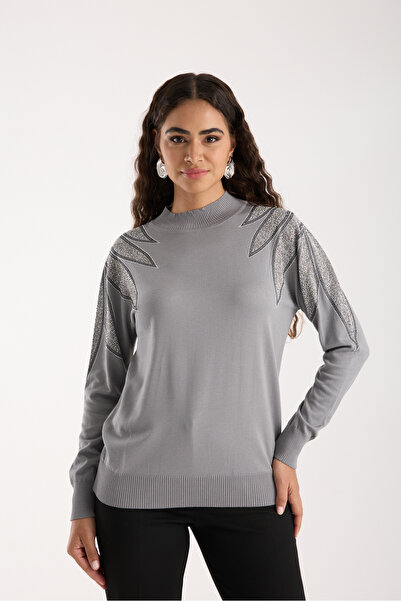 Moda Days Women's Gray Viscose Fabric Stone Detailed Shoulders Half Turtleneck Knitwear Blouse