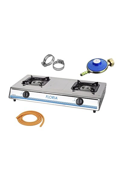 Floria Aragaz 2 Ochiuri, Inox, 70 x 37cm, GPL + 2m furtun + 2 coliere + Ceas pentru butelie