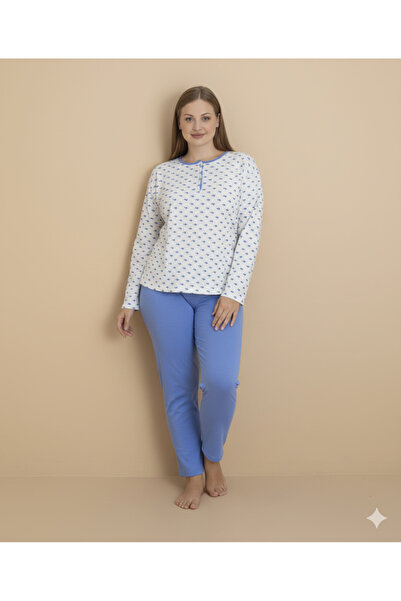 embody Pijamale din bumbac pentru femei, Set cu bluză și pantaloni lungi, albastru, albastru 16243