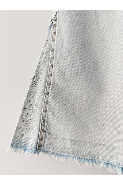 DobaKids Tassel-Trimmed, Stone-Embroidered, Wide-Leg, Ice Blue Girls' Denim Pants, Stone-Embellished Girls' Jeans
