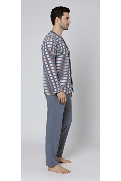 embody Men's cotton pyjamas, large size, long sleeves and trousers, striped, grey 16114