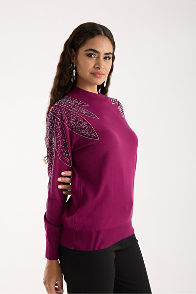 Clothes Fast Women's Plum Viscose Fabric Stone Detailed Shoulders Half Turtleneck Knitwear Blouse