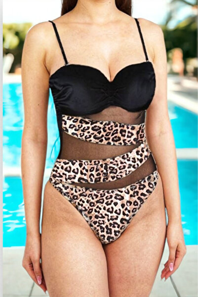 embody Women's one-piece swimsuit, modelling effect, mesh front, animal print, brown