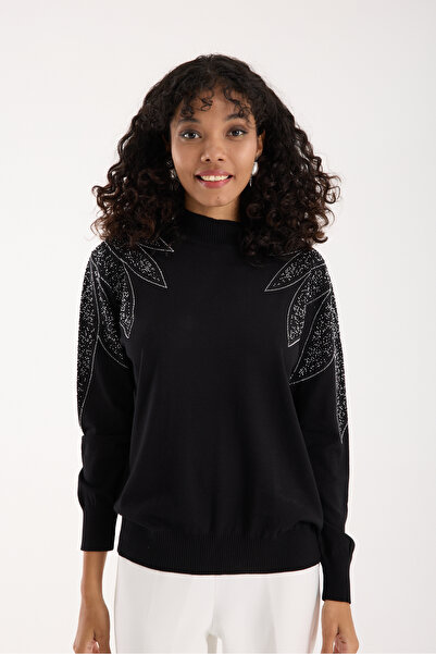 Clothes Fast Women's Black Viscose Fabric Stone Detailed Shoulders Half Turtleneck Knitwear Blouse