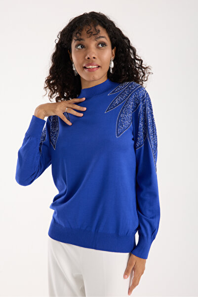 Clothes Fast Women's Saks Blue Viscose Fabric Stone Detailed Shoulder Half Turtleneck Knitwear Blouse