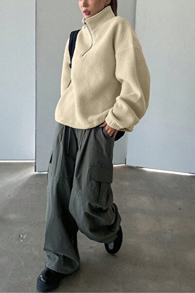 GHASSY CO. Women's Ultra Heat Plush Sherpa Oversize Half Metal Zipper Elastic Adjustable Fleece Sweatshirt