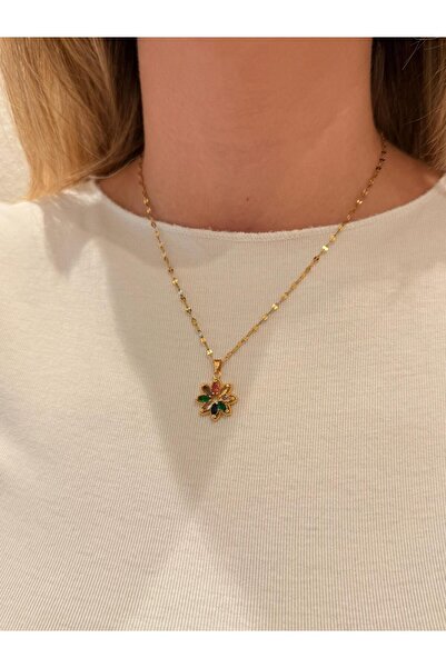 N&V AKSESUAR ÇİÇEK FİGÜRLÜ RENKLİ TAŞLI GOLD KOLYE