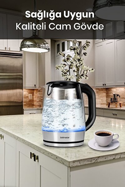 GOLDMASTER 2200 Watt İnox Paslanmaz Çelik 1.7 Litre Işıklı Cam Kettle Su Isıtıcı