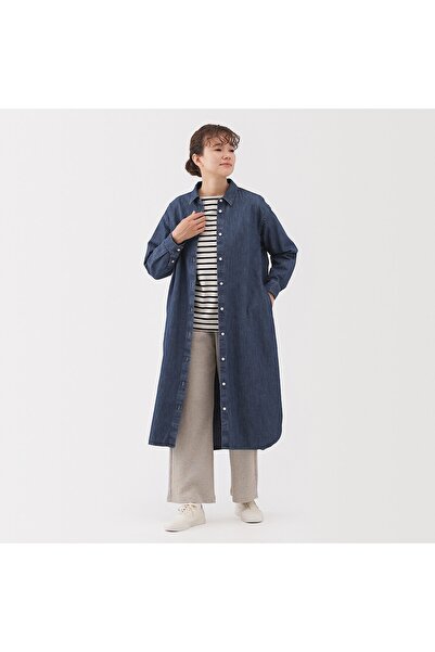 Muji فستان قميص بأكمام طويلة من قماش الدنيم المغسول