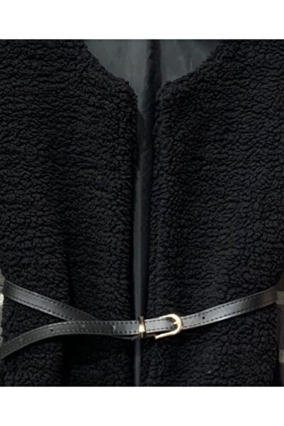 Modamorfo Beli Belted Double Pocket Lined Plush Vest - Black