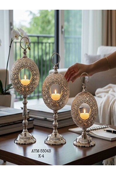 Genel Markalar Metal Yuvarlak Şık Tutmalı Modern 3Lü Şamdan Seti
