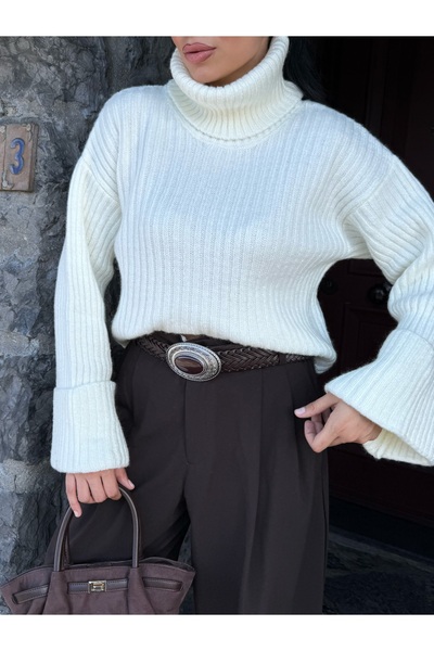 LB Laluna Butik Pulover alb de tricotat cu mâneci cu gât roșu pentru femei