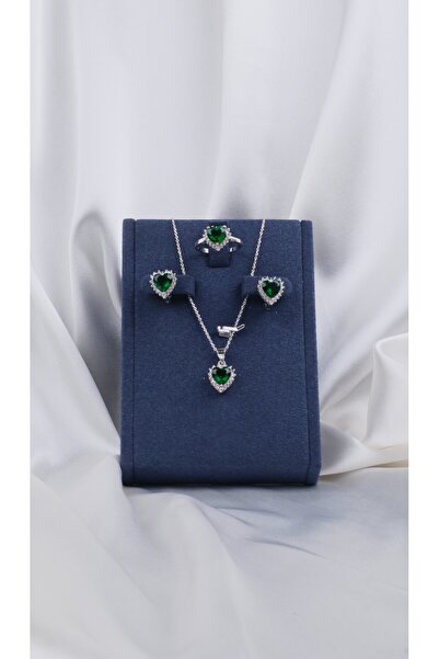 Vega Noire Orionis Luxe Montür Kalp Kesim Zümrüt Yeşil Gümüş Set