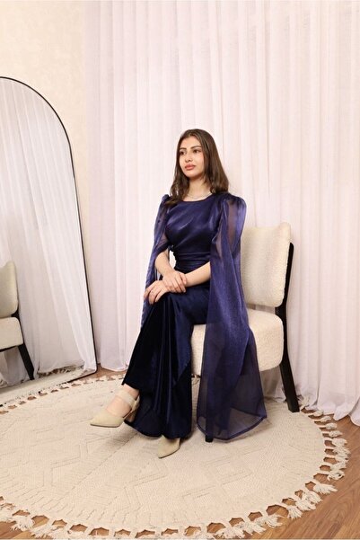 Generic Feminine long dress in dark navy blue