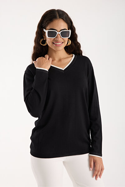 Clothes Fast Women's Black Elite Viscose Fabric Contrast Glitter Trim V-Neck Knitwear Blouse