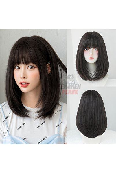 Fenomen Peruk Koyu Kestane Düz Vip Kısa Peruk Model