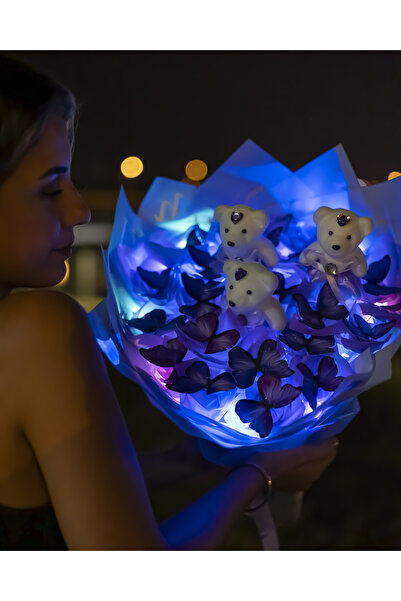 BYSHOPPİNG 3 Ayıcıklı Dekoratif Led Işıklı Kelebek Buketi Sevgiliye Özel Hedi...