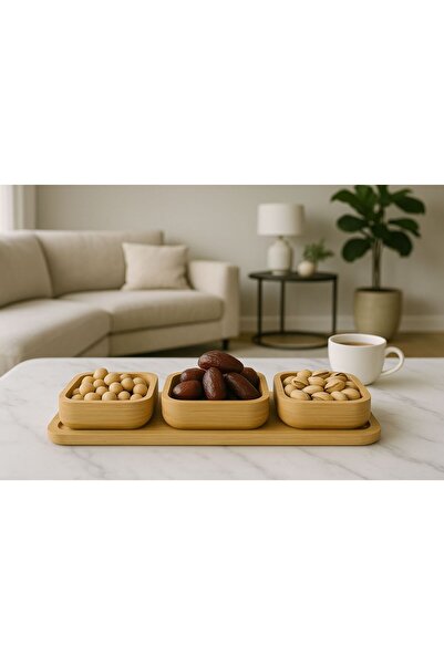 ENYAZA(2024) 3'lü Bambu Kare Stantlı Çerezlik, Kahvaltılık Kase Seti, Bambu K...