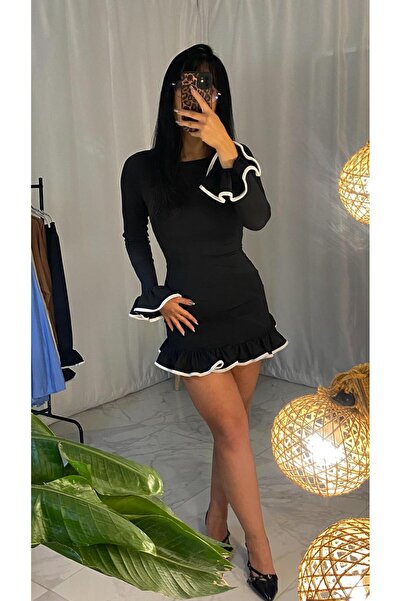 Butik Fırfır Detaylı Siyah Mini Elbise – Esnek Kumaş, Günlük ve Şık