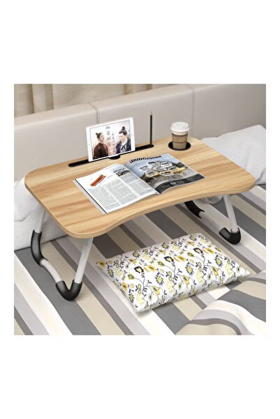 Golden Bark Foldable Wooden Laptop Table with Device Holder and Cup Slot - Multi-Purpose Portable Desk