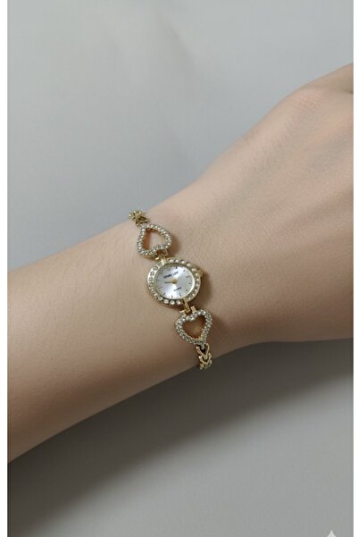 Yegane Altın Renk Kalp Figürlü Zirkon Taş Detaylı Kadın Kol Saati