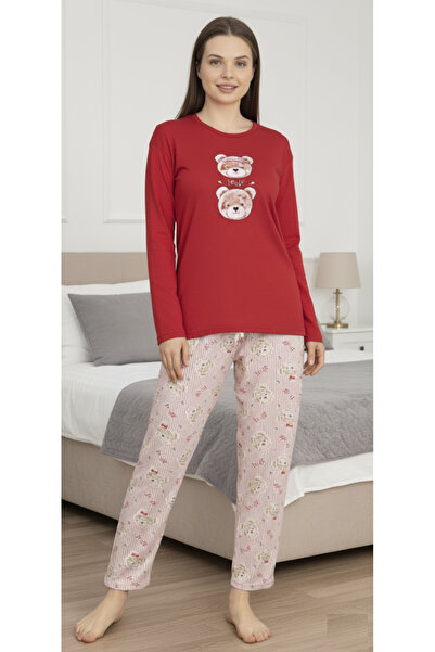 embody Women's Comfortable cotton pyjamas, Set with blouse and long trousers, red 3735