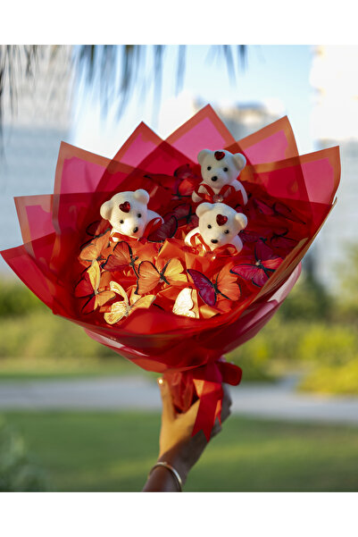 BYSHOPPİNG 3 Ayıcıklı Dekoratif Led Işıklı Kelebek Buketi Sevgiliye Özel Hedi...