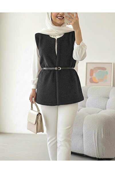 Modamorfo Beli Belted Double Pocket Lined Plush Vest - Black