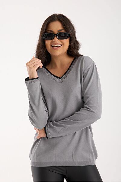 Moda Days Women's Gray Elite Viscose Fabric Contrast Glitter Trim V-Neck Knit Blouse